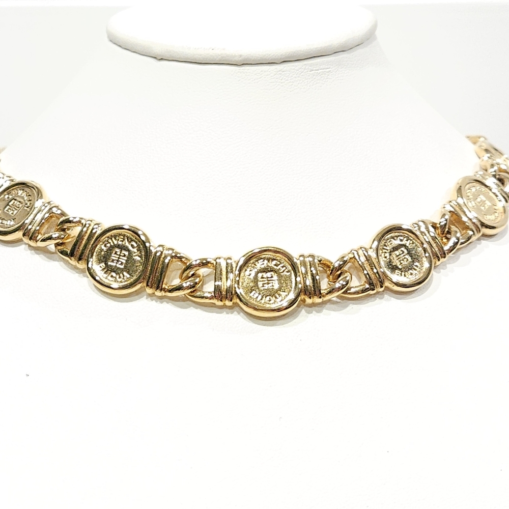 Vintage Givenchy Necklace 80s Bijoux Logo Coin Medallion Chunky Gold Curb Chain